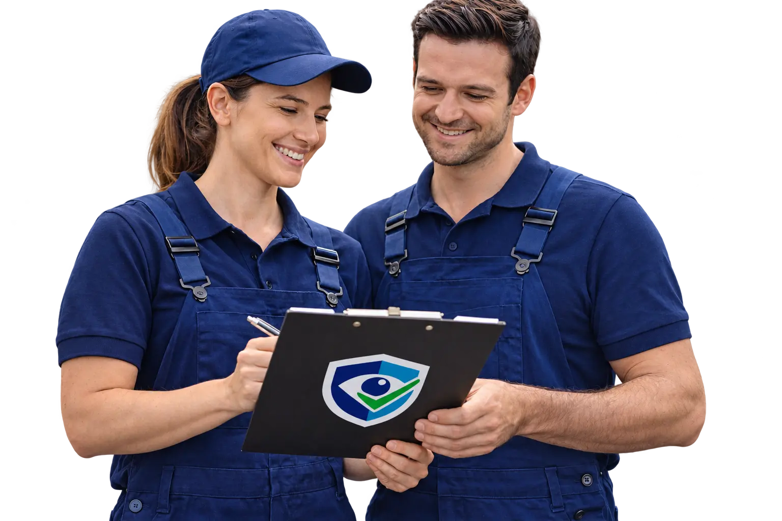 Illustrative tradie team reviewing a clipboard